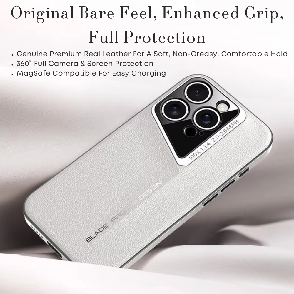 Luxury iPhone Case Electroplated Genuine Leather Shockproof Protective Cover Hard Back Slim Design Camera Lens Protection Anti Slip Grip