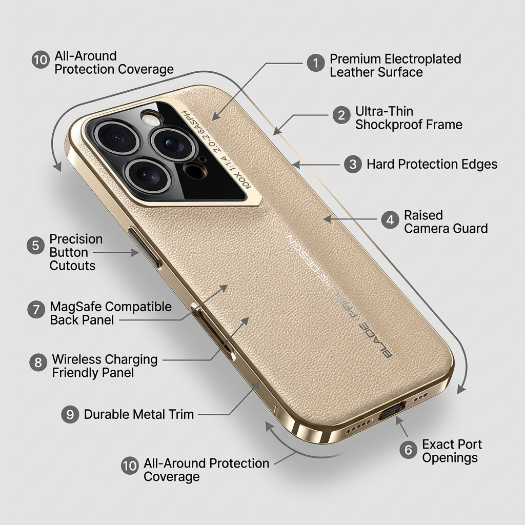 Luxury iPhone Case Electroplated Genuine Leather Shockproof Protective Cover Hard Back Slim Design Camera Lens Protection Anti Slip Grip
