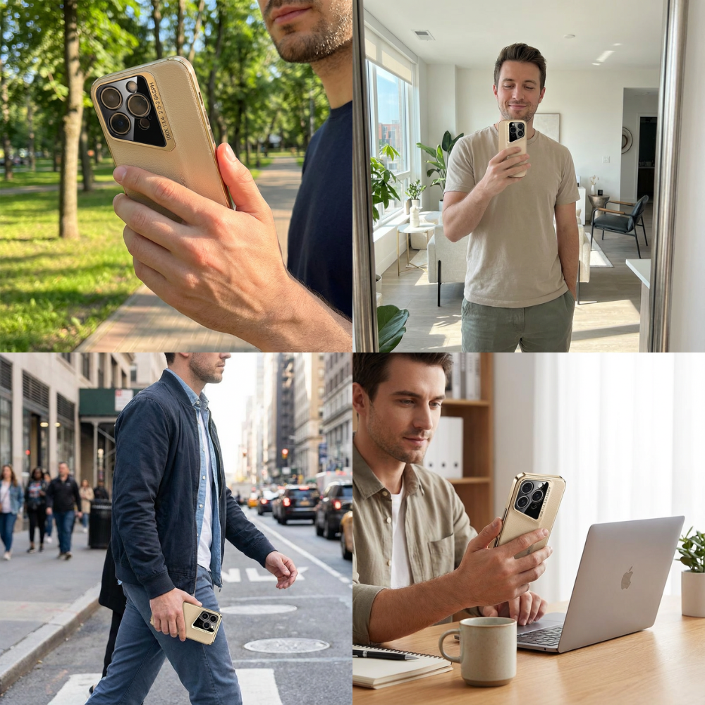 Luxury iPhone Case Electroplated Genuine Leather Shockproof Protective Cover Hard Back Slim Design Camera Lens Protection Anti Slip Grip