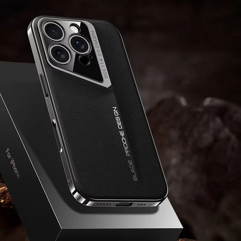 Luxury iPhone Case Electroplated Genuine Leather Shockproof Protective Cover Hard Back Slim Design Camera Lens Protection Anti Slip Grip
