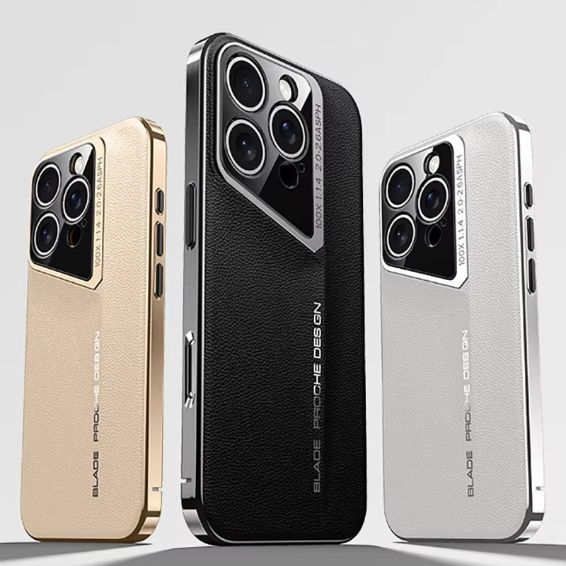 Luxury iPhone Case Electroplated Genuine Leather Shockproof Protective Cover Hard Back Slim Design Camera Lens Protection Anti Slip Grip