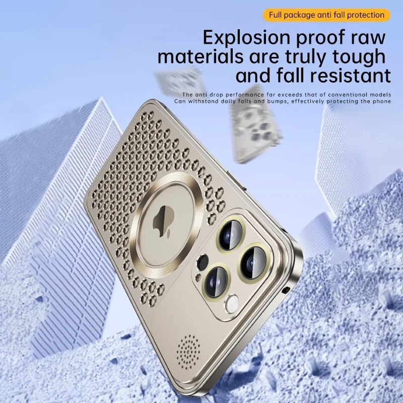 Luxury iPhone Case MagSafe Compatible Aluminum Frame Heat Dissipation Shockproof Protective Cover Electroplated Metal Camera Lens Protection Slim Design