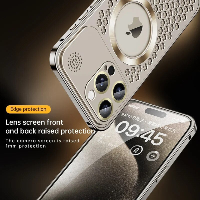 Luxury iPhone Case MagSafe Compatible Aluminum Frame Heat Dissipation Shockproof Protective Cover Electroplated Metal Camera Lens Protection Slim Design