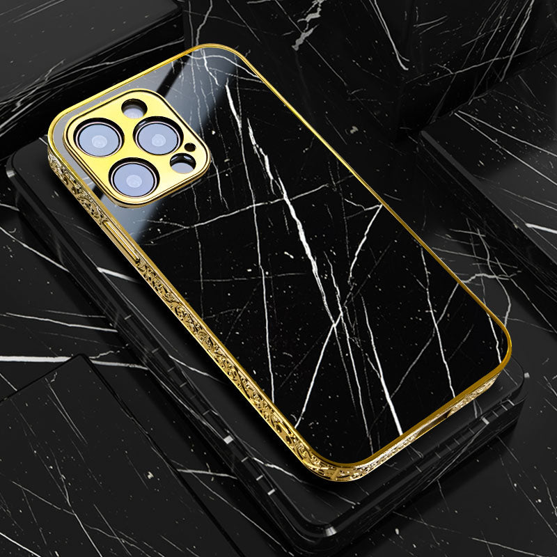 Luxury iPhone Case MagSafe Compatible Black Marble Texture Shockproof Protective Cover Gold Edge Design Camera Lens Protection 3D Grip Slim Profile