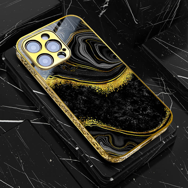 Luxury iPhone Case MagSafe Compatible Black Marble Texture Shockproof Protective Cover Gold Edge Design Camera Lens Protection 3D Grip Slim Profile
