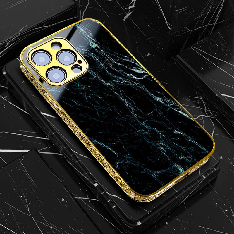 Luxury iPhone Case MagSafe Compatible Black Marble Texture Shockproof Protective Cover Gold Edge Design Camera Lens Protection 3D Grip Slim Profile