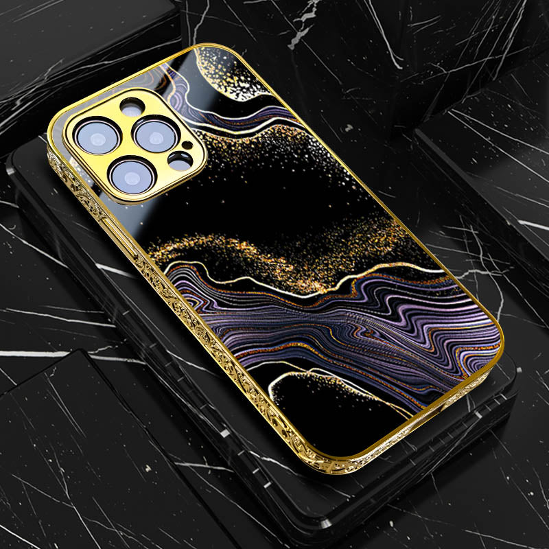 Luxury iPhone Case MagSafe Compatible Black Marble Texture Shockproof Protective Cover Gold Edge Design Camera Lens Protection 3D Grip Slim Profile