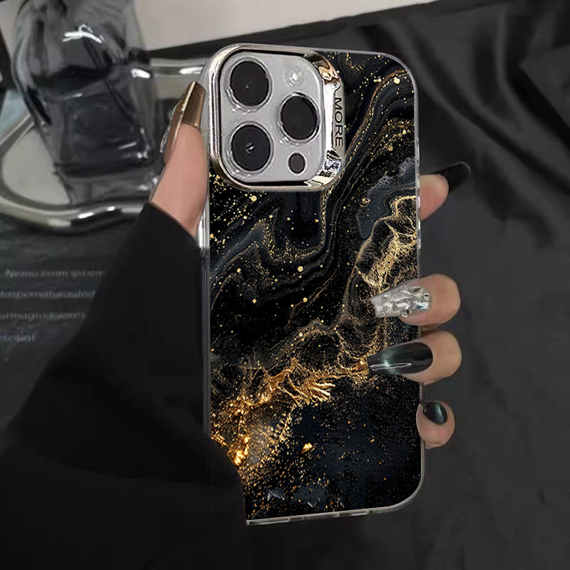 Luxury iPhone Case MagSafe Compatible Black Marble Texture Shockproof Protective Cover Gold Edge Design Camera Lens Protection 3D Grip Slim Profile
