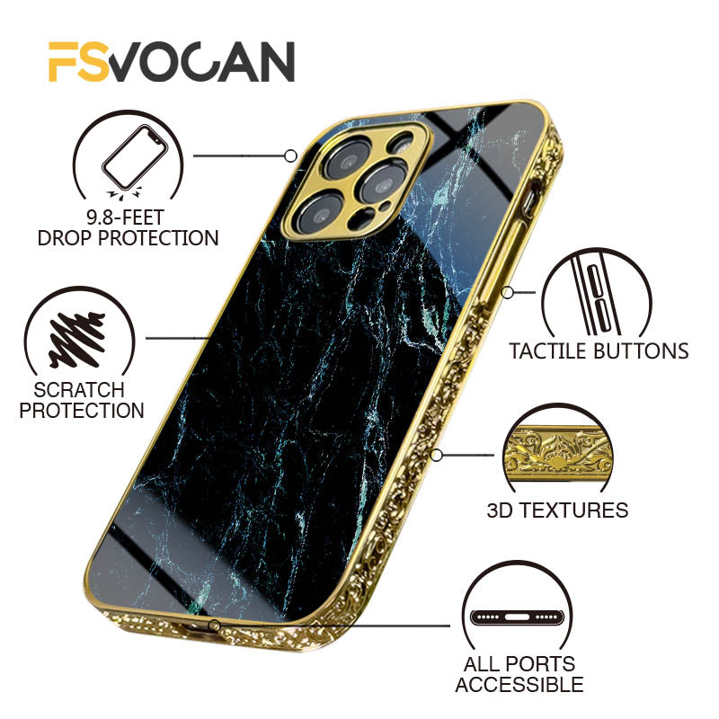 Luxury iPhone Case MagSafe Compatible Black Marble Texture Shockproof Protective Cover Gold Edge Design Camera Lens Protection 3D Grip Slim Profile