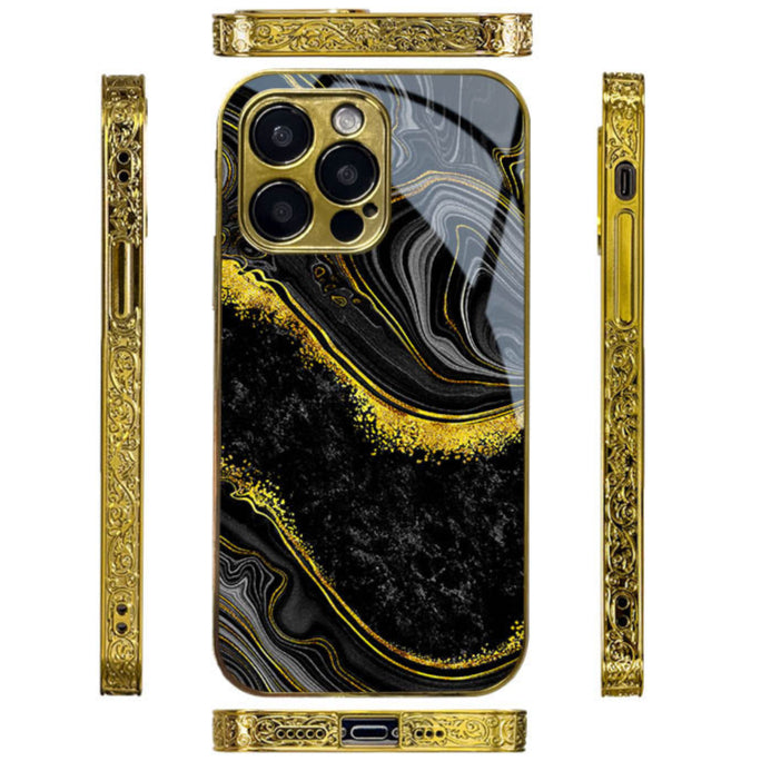 Luxury iPhone Case MagSafe Compatible Black Marble Texture Shockproof Protective Cover Gold Edge Design Camera Lens Protection 3D Grip Slim Profile