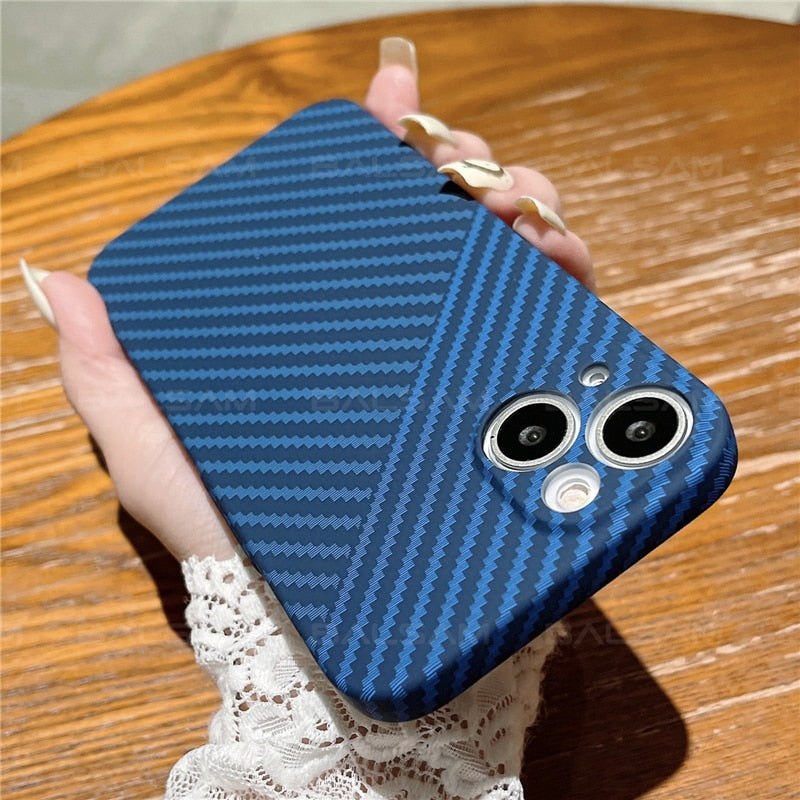 Luxury iPhone Case MagSafe Compatible Carbon Fiber Texture Matte Shockproof Protective Cover Hard PC Camera Lens Protection Slim Design