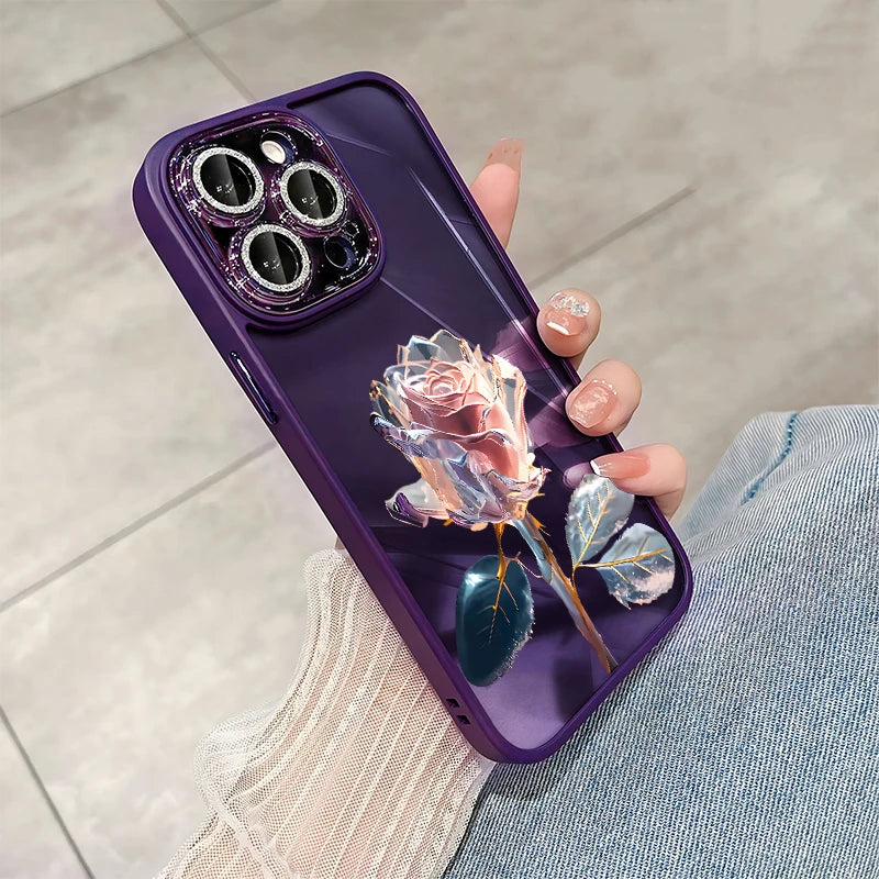 Luxury iPhone Case MagSafe Compatible Crystal Rose Diamond Shockproof Protective Cover Camera Lens Protection Glitter Design Slim Profile