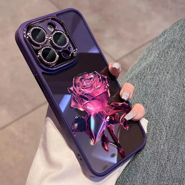 Luxury iPhone Case MagSafe Compatible Crystal Rose Diamond Shockproof Protective Cover Camera Lens Protection Glitter Design Slim Profile