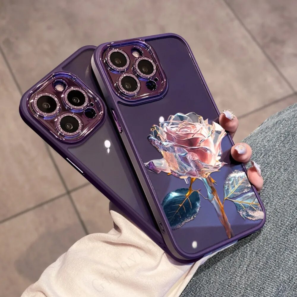 Luxury iPhone Case MagSafe Compatible Crystal Rose Diamond Shockproof Protective Cover Camera Lens Protection Glitter Design Slim Profile