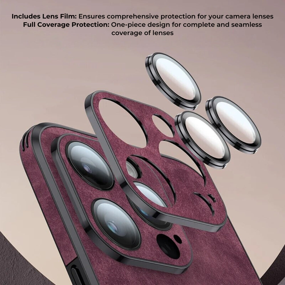 Luxury iPhone Case MagSafe Compatible Deer Leather Texture Silicone Shockproof Protective Cover Camera Lens Protection Slim Bumper Design