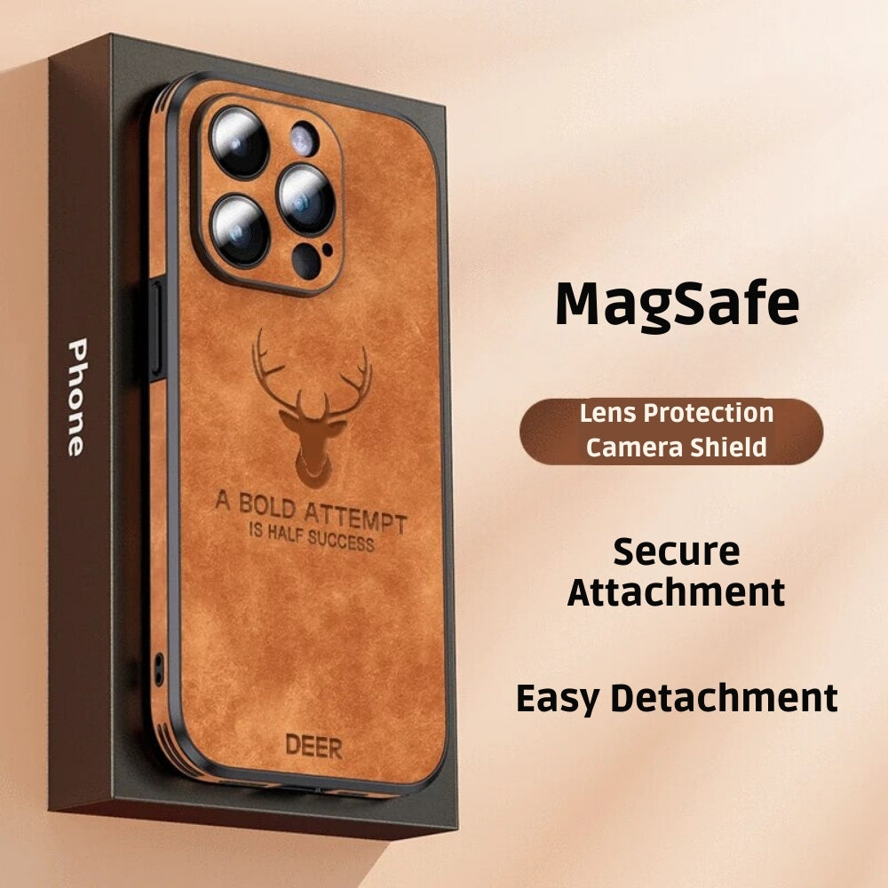 Luxury iPhone Case MagSafe Compatible Deer Leather Texture Silicone Shockproof Protective Cover Camera Lens Protection Slim Bumper Design