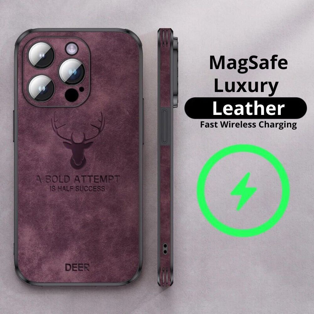 Luxury iPhone Case MagSafe Compatible Deer Leather Texture Silicone Shockproof Protective Cover Camera Lens Protection Slim Bumper Design