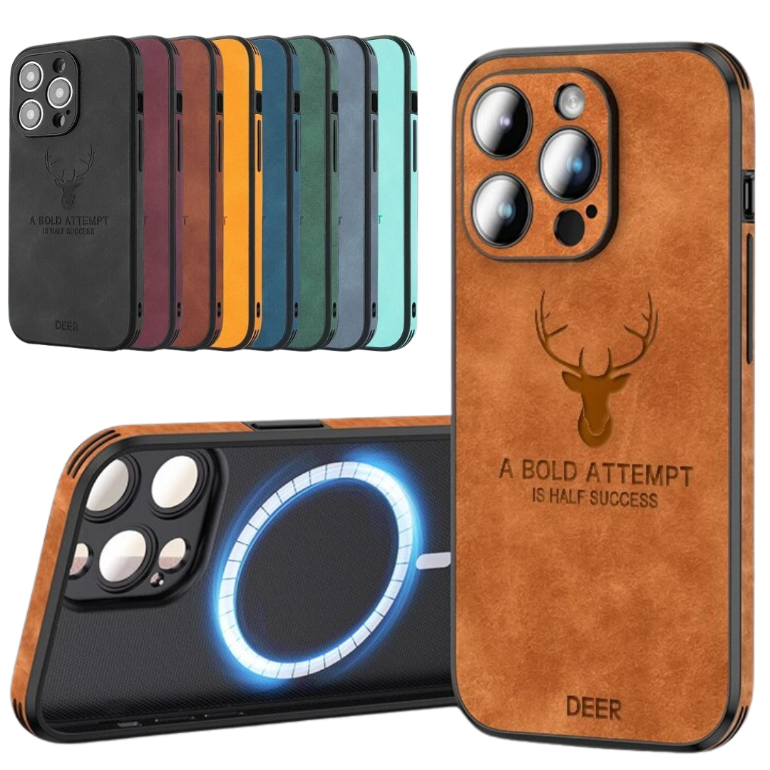 Luxury iPhone Case MagSafe Compatible Deer Leather Texture Silicone Shockproof Protective Cover Camera Lens Protection Slim Bumper Design
