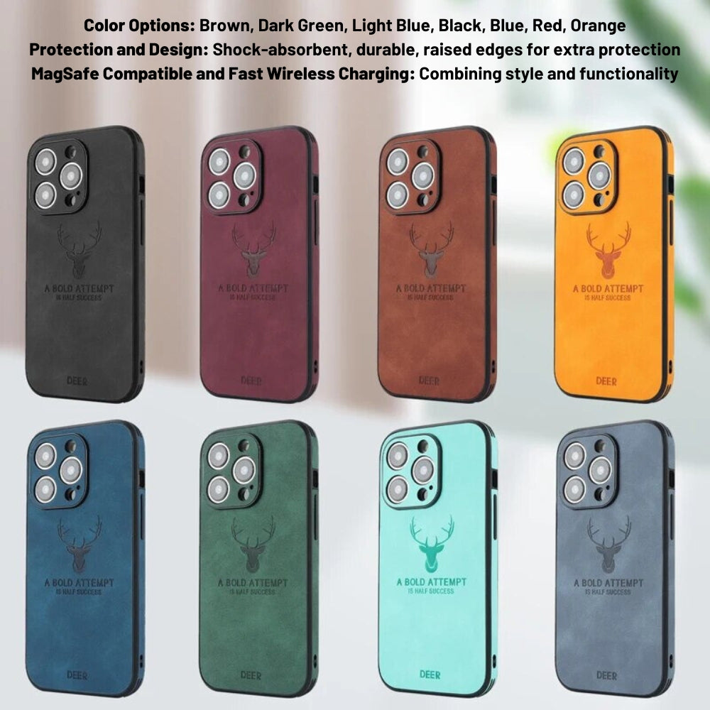 Luxury iPhone Case MagSafe Compatible Deer Leather Texture Silicone Shockproof Protective Cover Camera Lens Protection Slim Bumper Design