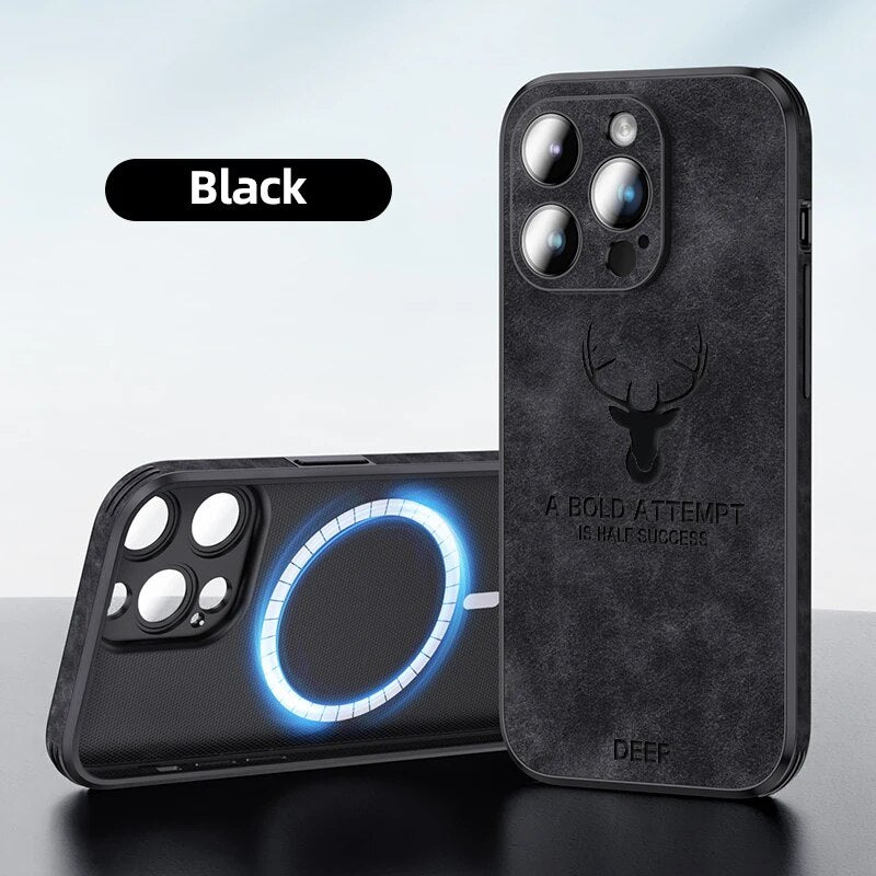 Luxury iPhone Case MagSafe Compatible Deer Leather Texture Silicone Shockproof Protective Cover Camera Lens Protection Slim Bumper Design