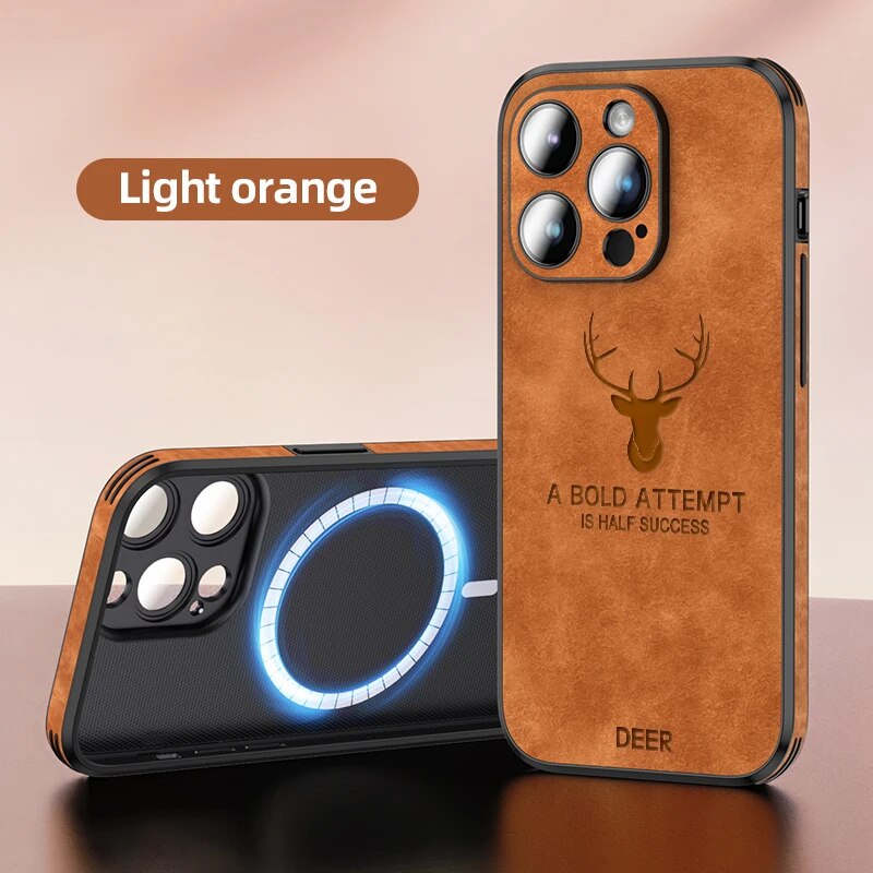 Luxury iPhone Case MagSafe Compatible Deer Leather Texture Silicone Shockproof Protective Cover Camera Lens Protection Slim Bumper Design
