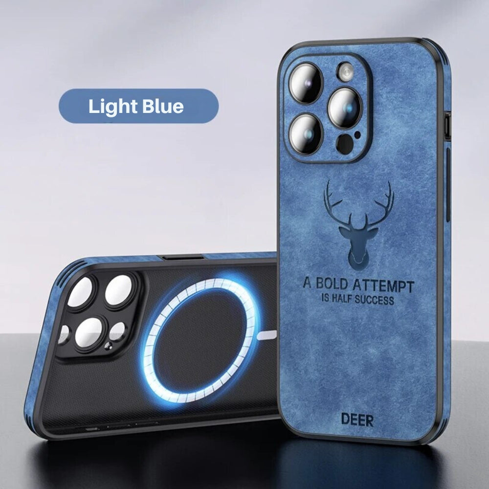 Luxury iPhone Case MagSafe Compatible Deer Leather Texture Silicone Shockproof Protective Cover Camera Lens Protection Slim Bumper Design