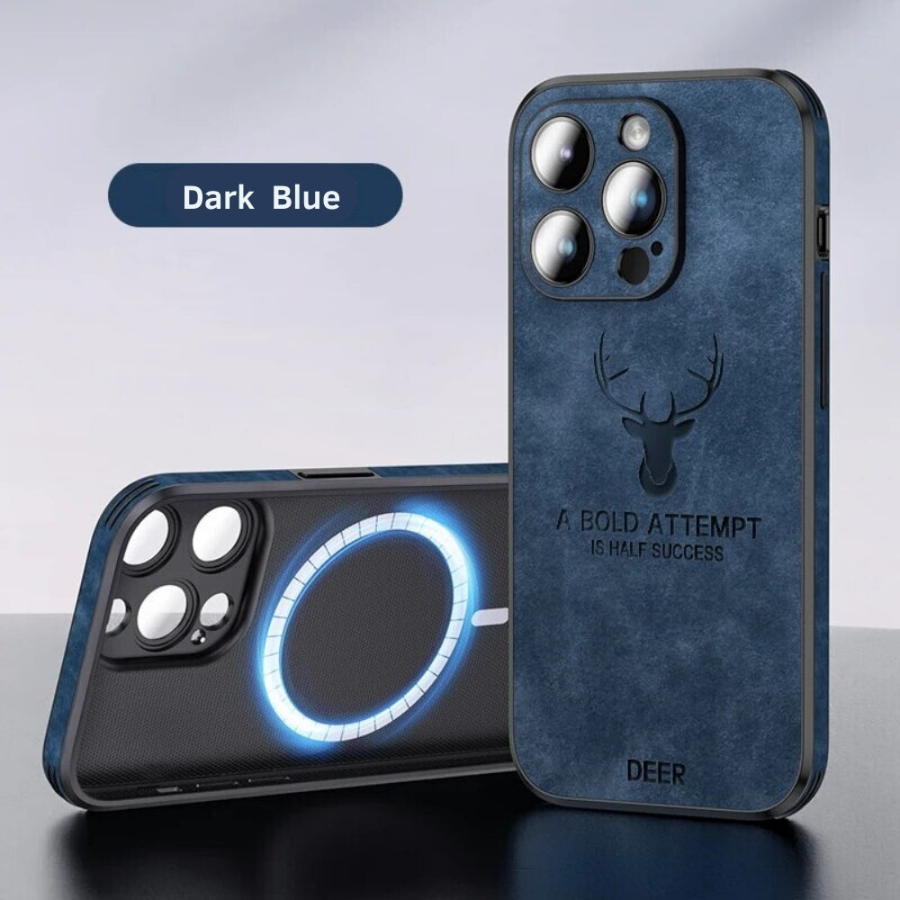 Luxury iPhone Case MagSafe Compatible Deer Leather Texture Silicone Shockproof Protective Cover Camera Lens Protection Slim Bumper Design