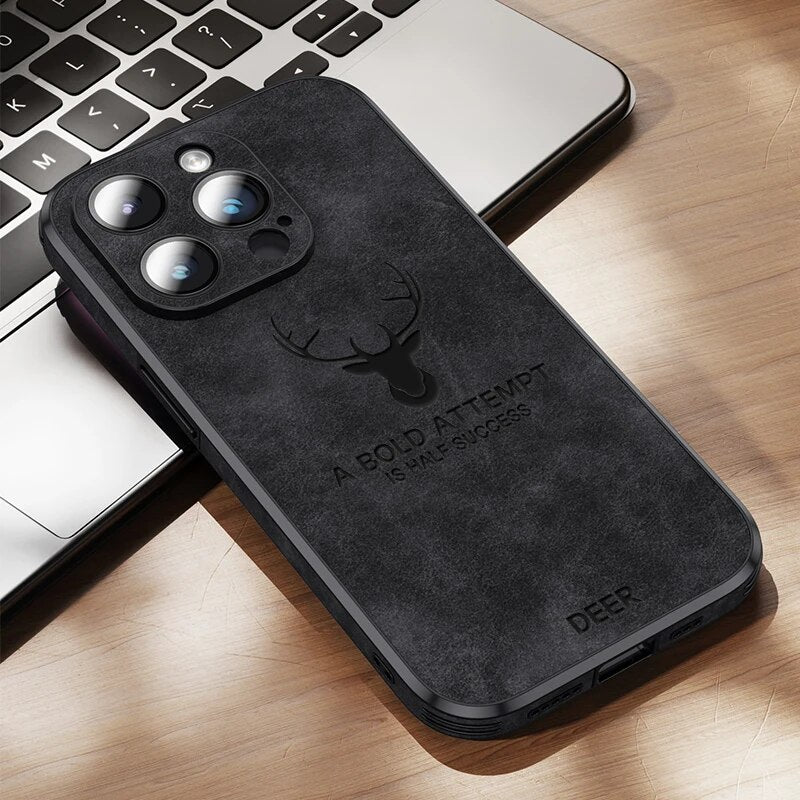 Luxury iPhone Case MagSafe Compatible Deer Leather Texture Silicone Shockproof Protective Cover Camera Lens Protection Slim Bumper Design