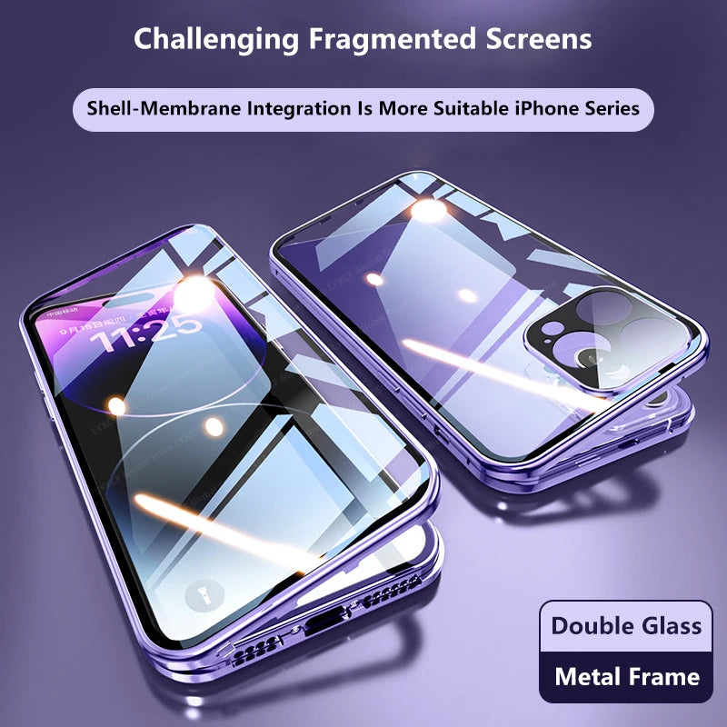 Luxury iPhone Case MagSafe Compatible Double-Sided Tempered Glass Metal Frame Shockproof Protective Cover 360 Full Body Magnetic Fit Camera Lens Protection Slim Design