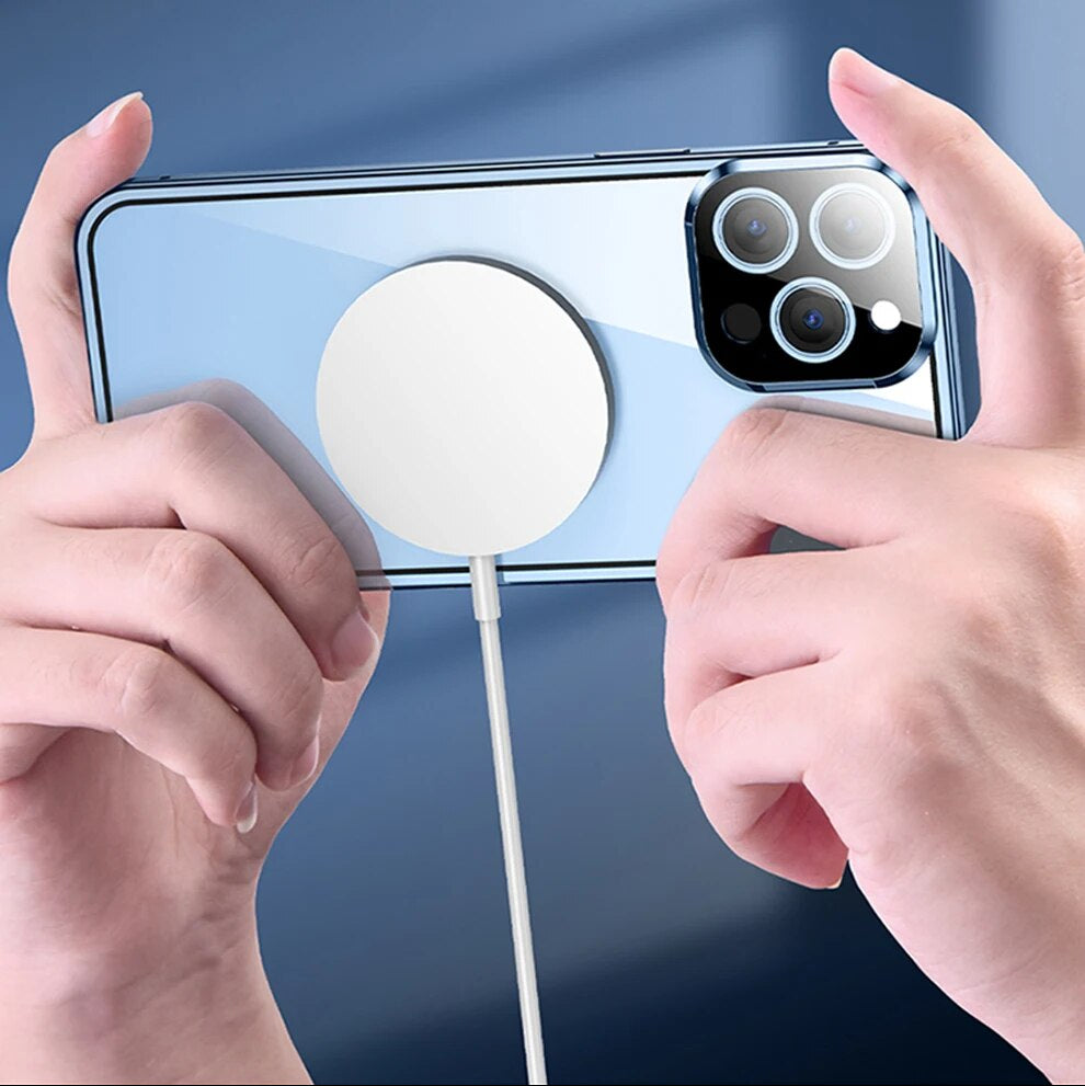 Luxury iPhone Case MagSafe Compatible Double-Sided Tempered Glass Metal Frame Shockproof Protective Cover 360 Full Body Magnetic Fit Camera Lens Protection Slim Design