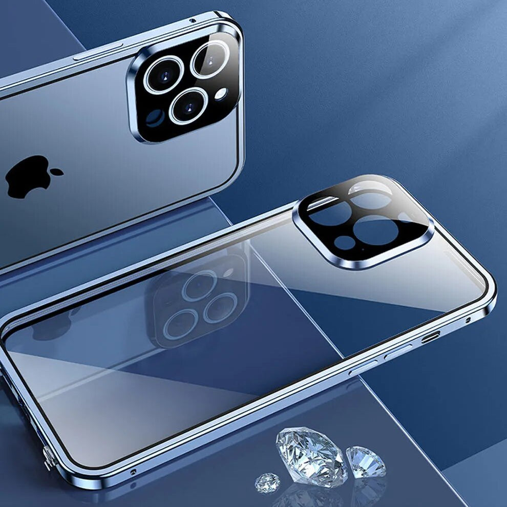 Luxury iPhone Case MagSafe Compatible Double-Sided Tempered Glass Metal Frame Shockproof Protective Cover 360 Full Body Magnetic Fit Camera Lens Protection Slim Design