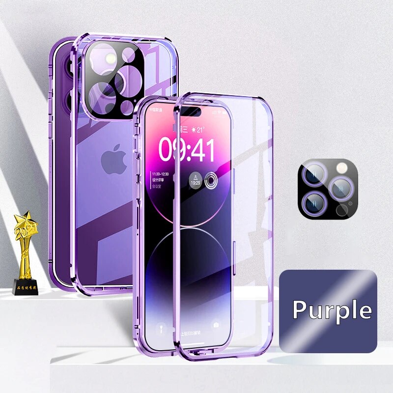 Luxury iPhone Case MagSafe Compatible Double-Sided Tempered Glass Metal Frame Shockproof Protective Cover 360 Full Body Magnetic Fit Camera Lens Protection Slim Design