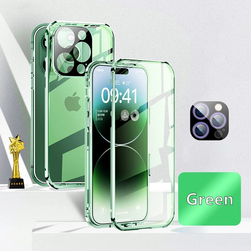 Luxury iPhone Case MagSafe Compatible Double-Sided Tempered Glass Metal Frame Shockproof Protective Cover 360 Full Body Magnetic Fit Camera Lens Protection Slim Design