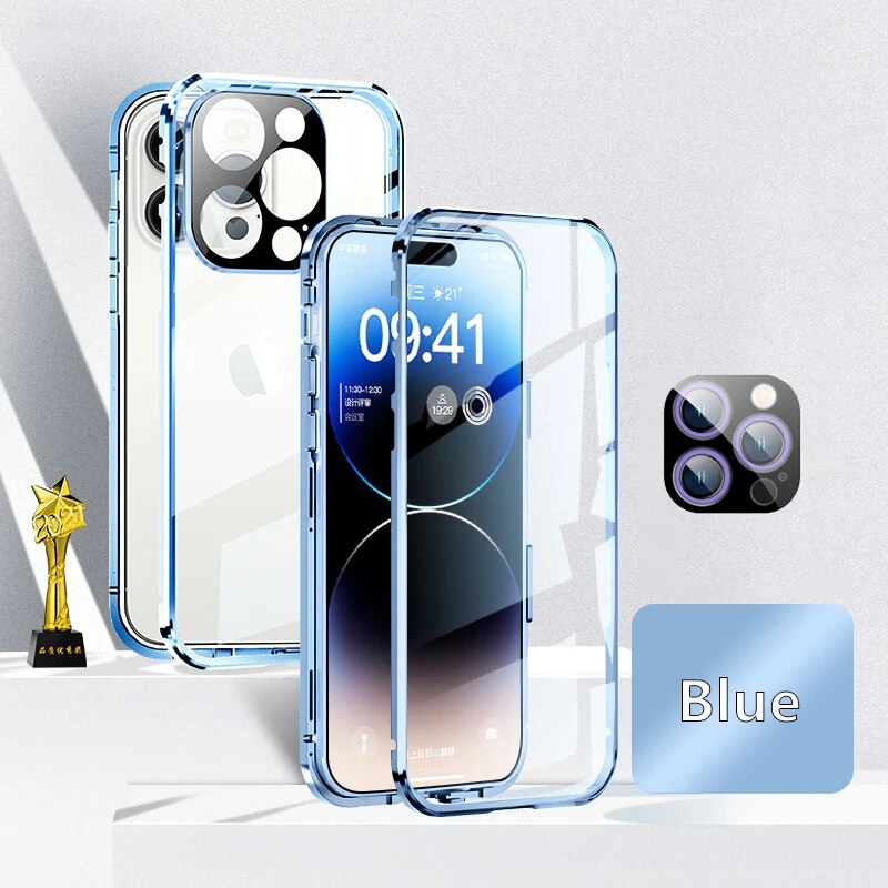 Luxury iPhone Case MagSafe Compatible Double-Sided Tempered Glass Metal Frame Shockproof Protective Cover 360 Full Body Magnetic Fit Camera Lens Protection Slim Design