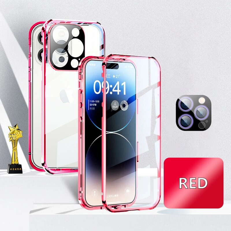 Luxury iPhone Case MagSafe Compatible Double-Sided Tempered Glass Metal Frame Shockproof Protective Cover 360 Full Body Magnetic Fit Camera Lens Protection Slim Design