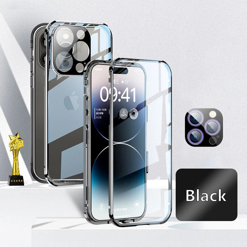 Luxury iPhone Case MagSafe Compatible Double-Sided Tempered Glass Metal Frame Shockproof Protective Cover 360 Full Body Magnetic Fit Camera Lens Protection Slim Design
