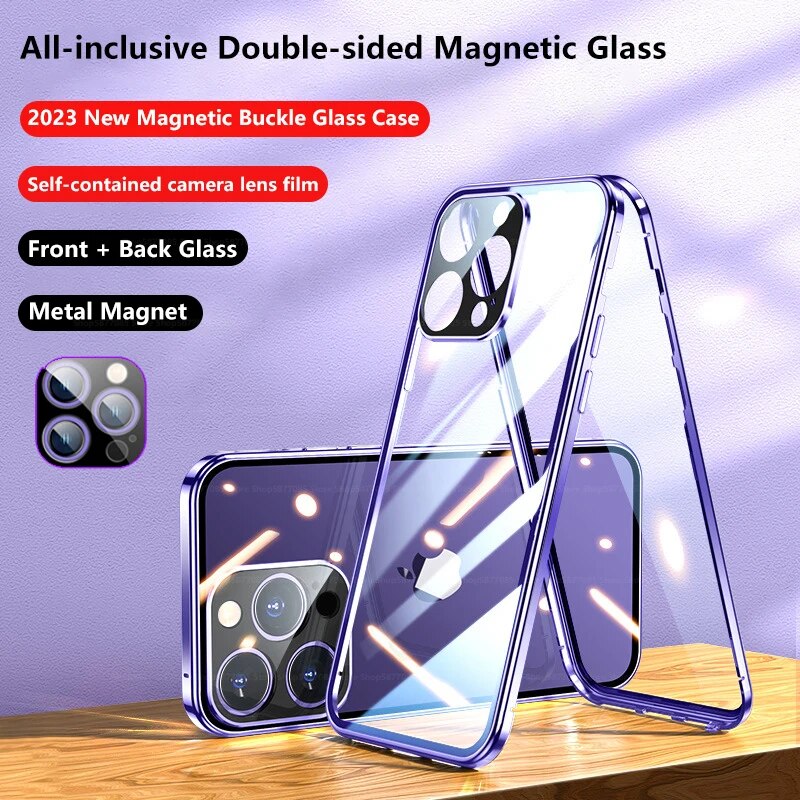 Luxury iPhone Case MagSafe Compatible Double-Sided Tempered Glass Metal Frame Shockproof Protective Cover 360 Full Body Magnetic Fit Camera Lens Protection Slim Design