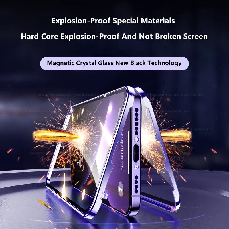 Luxury iPhone Case MagSafe Compatible Double-Sided Tempered Glass Metal Frame Shockproof Protective Cover 360 Full Body Magnetic Fit Camera Lens Protection Slim Design