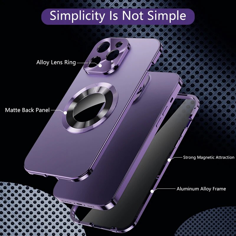 Luxury iPhone Case MagSafe Compatible Double-Sided Tempered Glass Privacy Screen Metal Frame Shockproof Protective Cover 360 Full Body Camera Lens Protection Slim Design