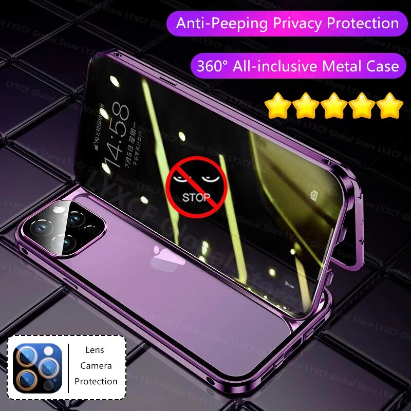 Luxury iPhone Case MagSafe Compatible Double-Sided Tempered Glass Privacy Screen Metal Frame Shockproof Protective Cover 360 Full Body Camera Lens Protection Slim Design