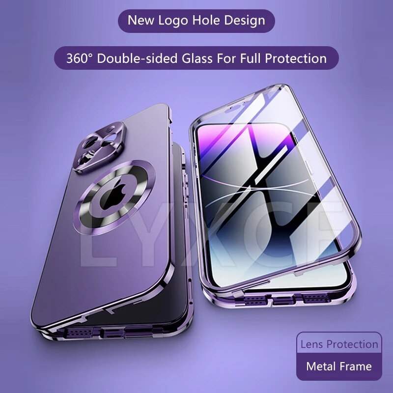 Luxury iPhone Case MagSafe Compatible Double-Sided Tempered Glass Privacy Screen Metal Frame Shockproof Protective Cover 360 Full Body Camera Lens Protection Slim Design
