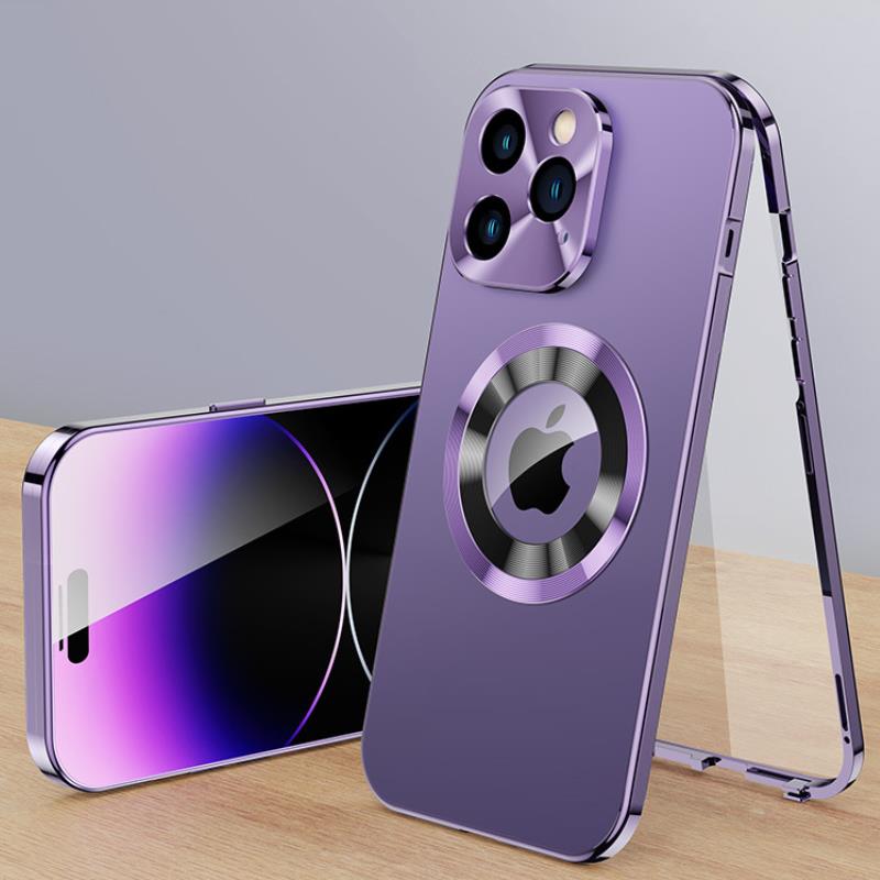Luxury iPhone Case MagSafe Compatible Double-Sided Tempered Glass Privacy Screen Metal Frame Shockproof Protective Cover 360 Full Body Camera Lens Protection Slim Design