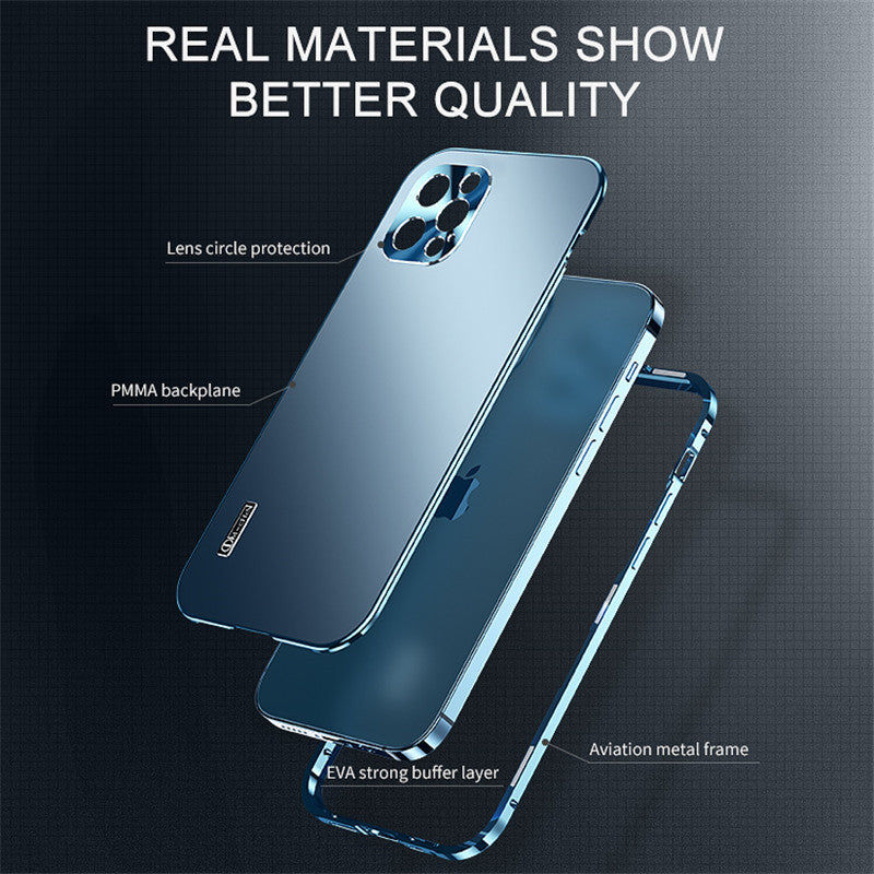 Luxury iPhone Case MagSafe Compatible Double-Sided Tempered Glass Privacy Screen Metal Frame Shockproof Protective Cover 360 Full Body Camera Lens Protection Slim Design