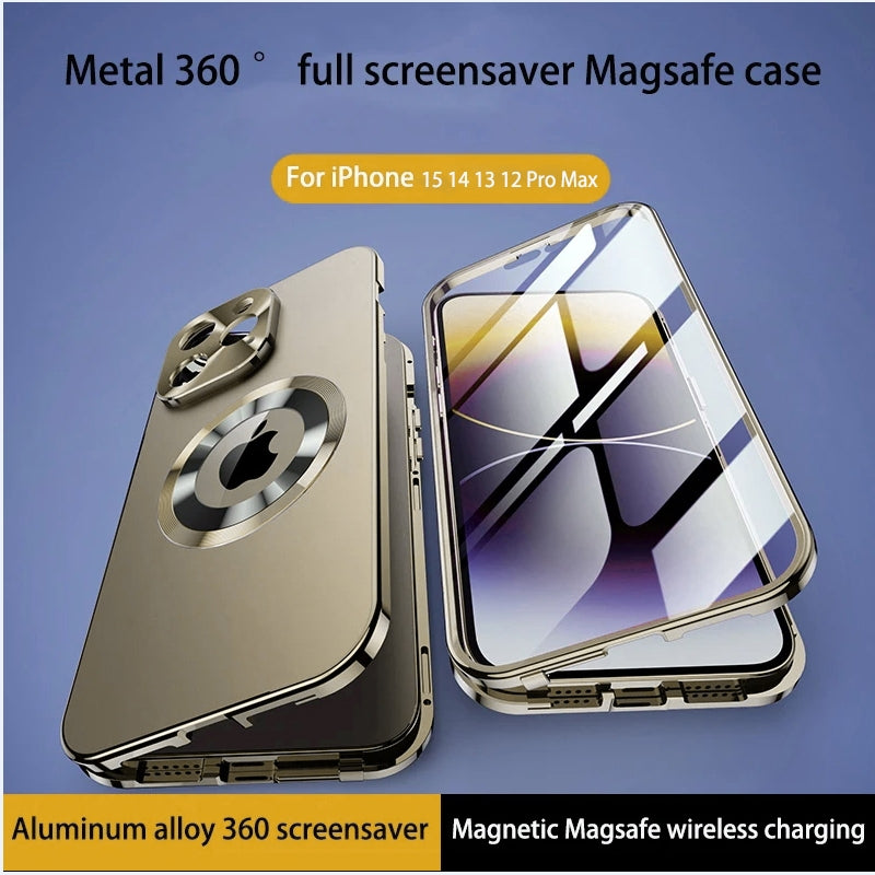 Luxury iPhone Case MagSafe Compatible Double-Sided Tempered Glass Privacy Screen Metal Frame Shockproof Protective Cover 360 Full Body Camera Lens Protection Slim Design