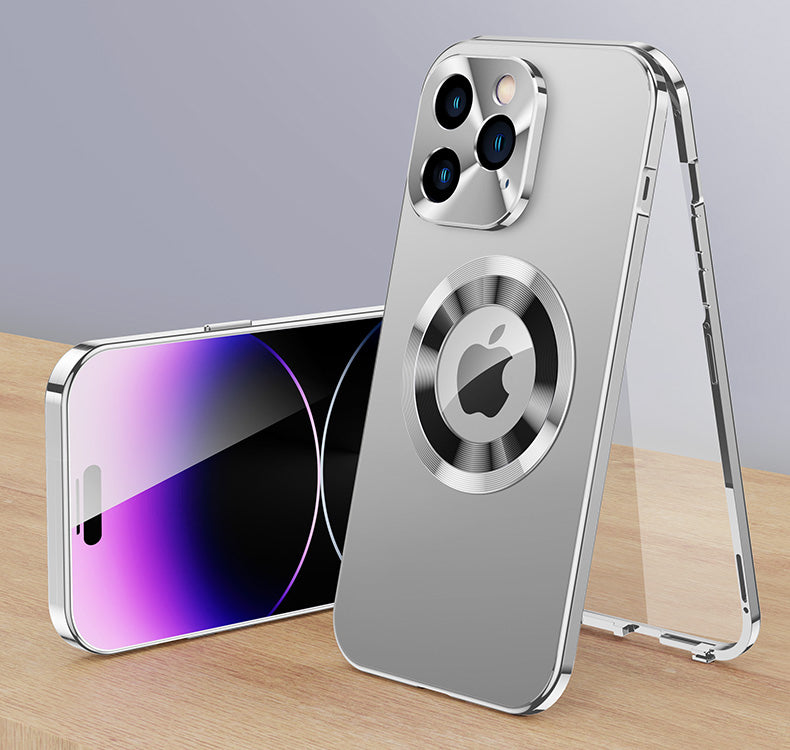 Luxury iPhone Case MagSafe Compatible Double-Sided Tempered Glass Privacy Screen Metal Frame Shockproof Protective Cover 360 Full Body Camera Lens Protection Slim Design