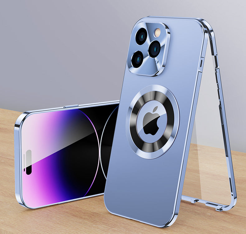Luxury iPhone Case MagSafe Compatible Double-Sided Tempered Glass Privacy Screen Metal Frame Shockproof Protective Cover 360 Full Body Camera Lens Protection Slim Design