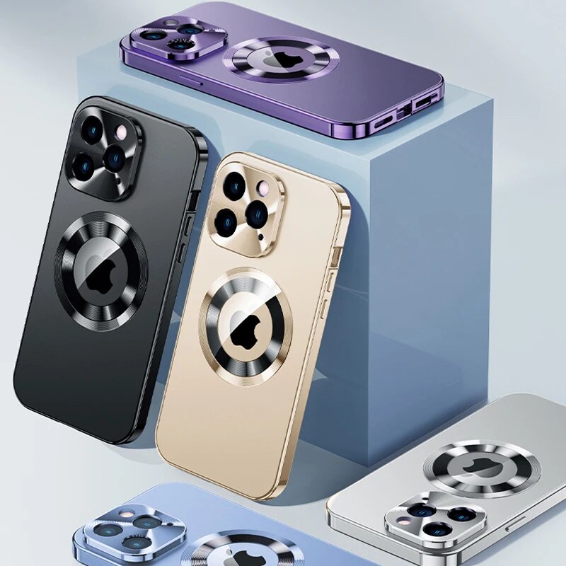 Luxury iPhone Case MagSafe Compatible Double-Sided Tempered Glass Privacy Screen Metal Frame Shockproof Protective Cover 360 Full Body Camera Lens Protection Slim Design