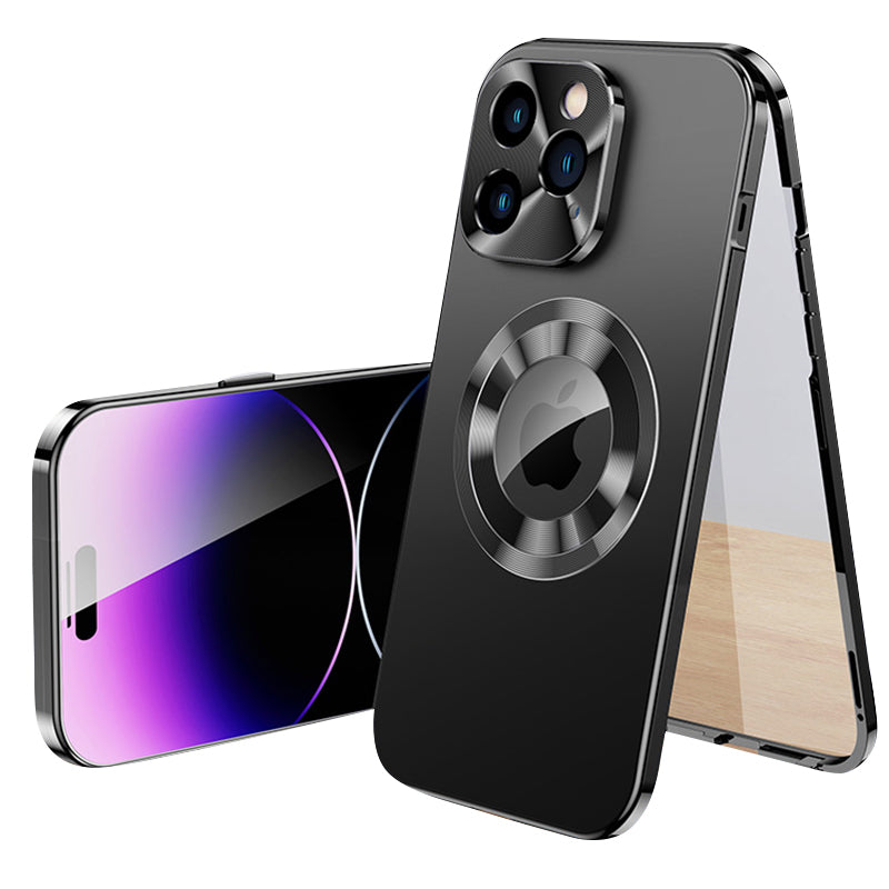 Luxury iPhone Case MagSafe Compatible Double-Sided Tempered Glass Privacy Screen Metal Frame Shockproof Protective Cover 360 Full Body Camera Lens Protection Slim Design