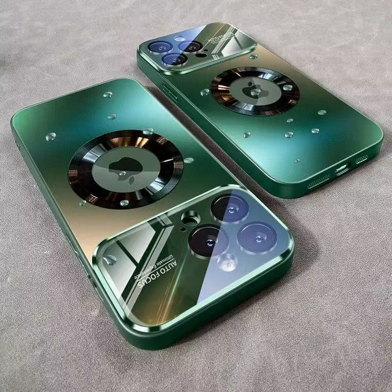 Luxury iPhone Case MagSafe Compatible Electroplated Glass Magnetic Shockproof Cover Camera Lens Protection Slim Reflective Hard Back