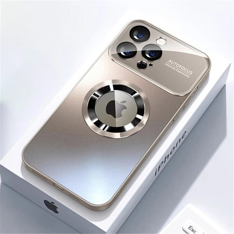 Luxury iPhone Case MagSafe Compatible Electroplated Glass Magnetic Shockproof Cover Camera Lens Protection Slim Reflective Hard Back